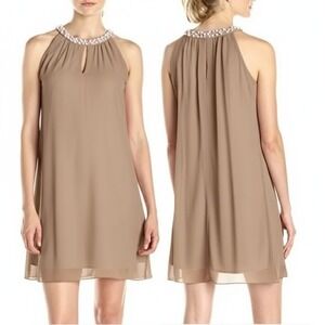 Vintage‎ S.L. FASHIONS 6 Halter Shift Dress Chiffon Sleeveless Faux Pearls Taupe